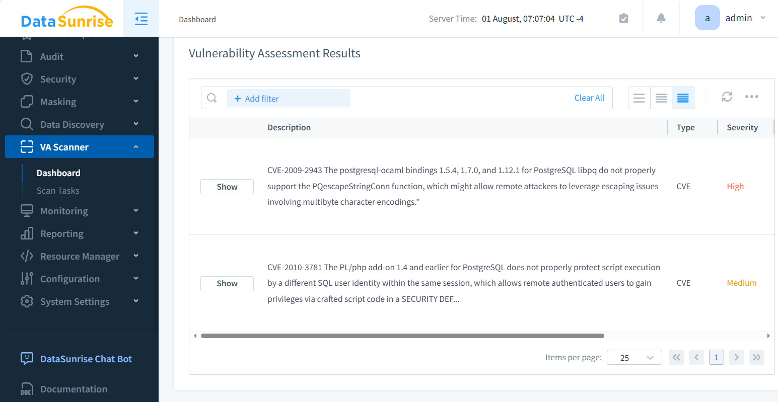 Escáner de Evaluación de Vulnerabilidades DataSunrise - Vulnerabilidades Encontradas