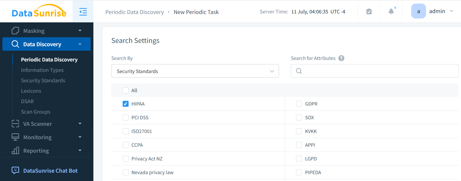 Data Compliance - HIPAA in Discovery Settings for HIPAA Tests