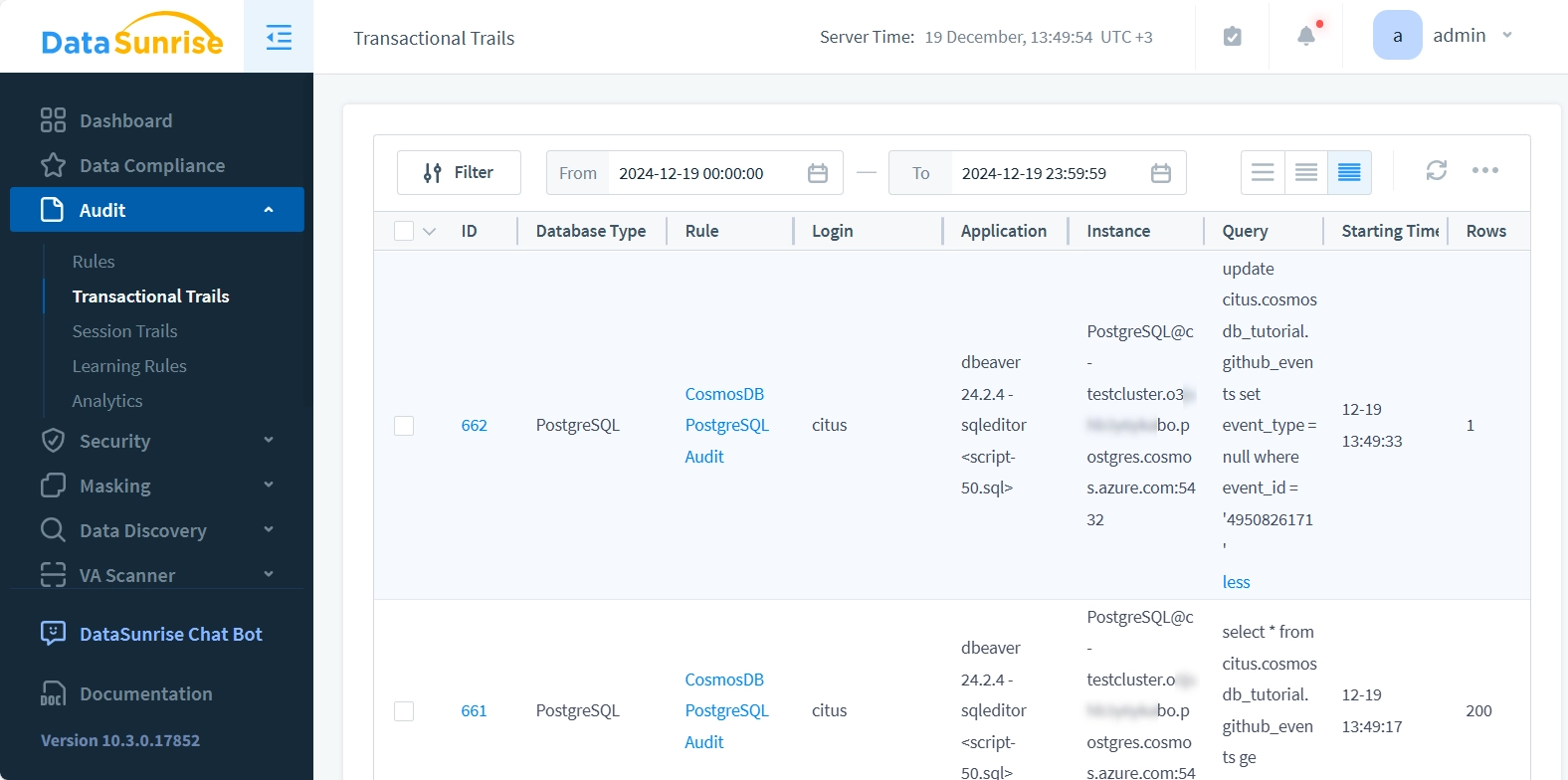 Tableau de bord des Traceurs Transactionnels de DataSunrise affichant une liste d'événements audités