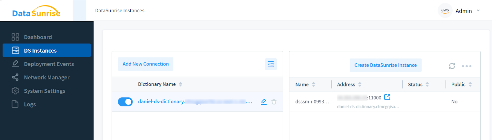 The figure shows a newly created DataSunrise instance. The left column displays the Dictionary name, while the right column shows the web-UI connection address for the DataSunrise server. The instance creation process is automated and includes error detection capabilities.