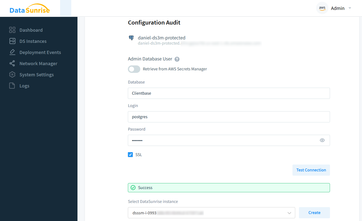 Audit Configuration page displaying a configured instance (‘dsssm-i-...’) that will monitor and audit a PostgreSQL database.