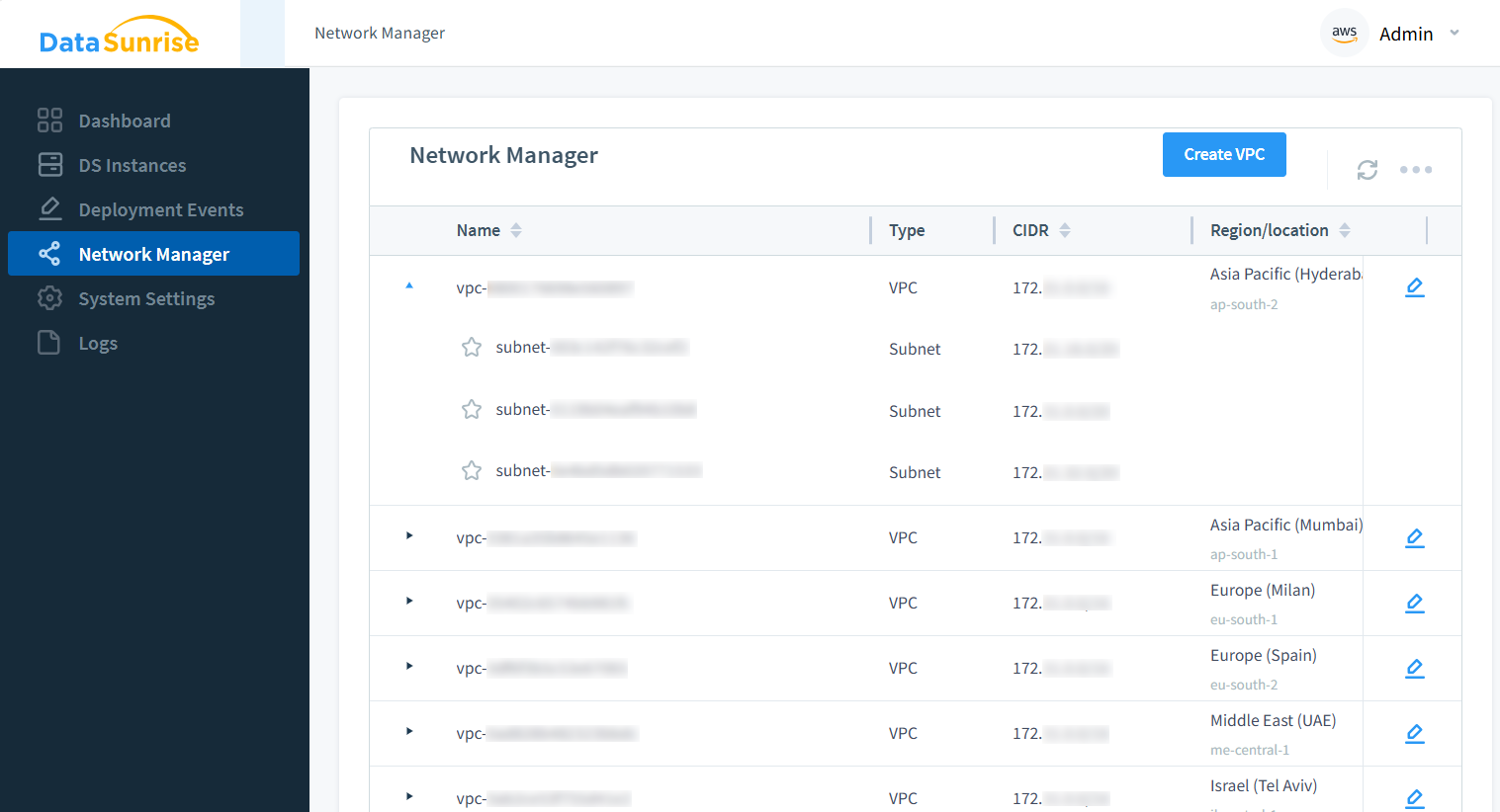 Network Manager lists vpc-s available with their subnets and regions.