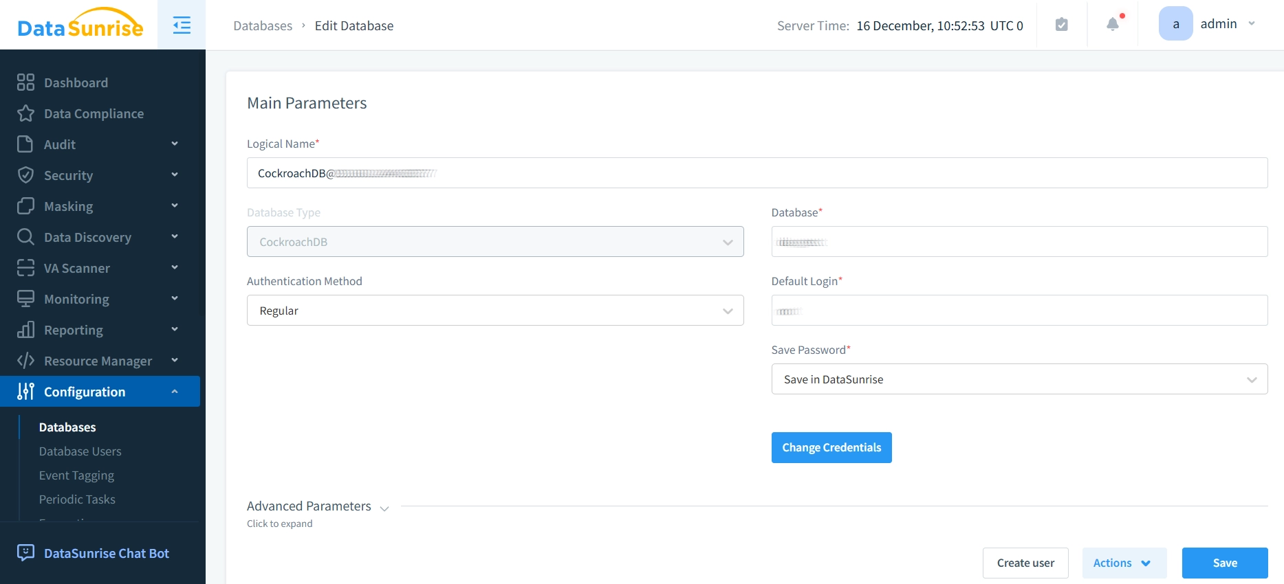 Interfaz de Configuración de Instancia de DataSunrise para CockroachDB