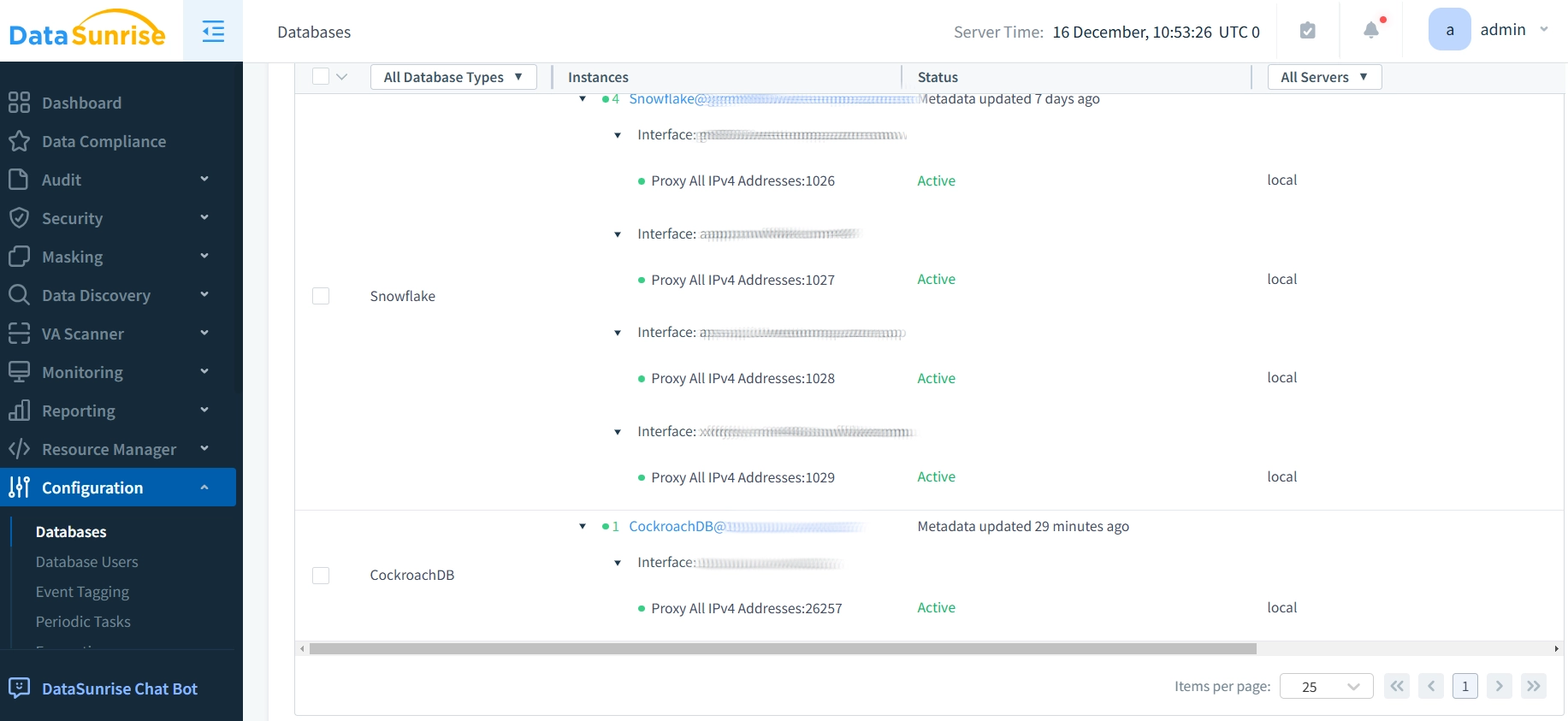 Lista de Instancias de CockroachDB en el Panel de Gestión de Base de Datos de DataSunrise