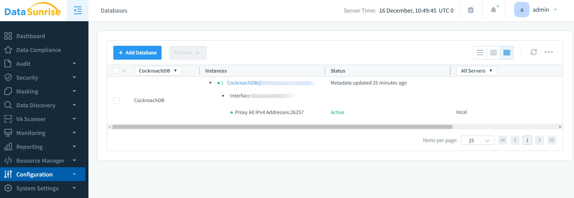 Panel de Configuración de la Instancia de DataSunrise CockroachDB