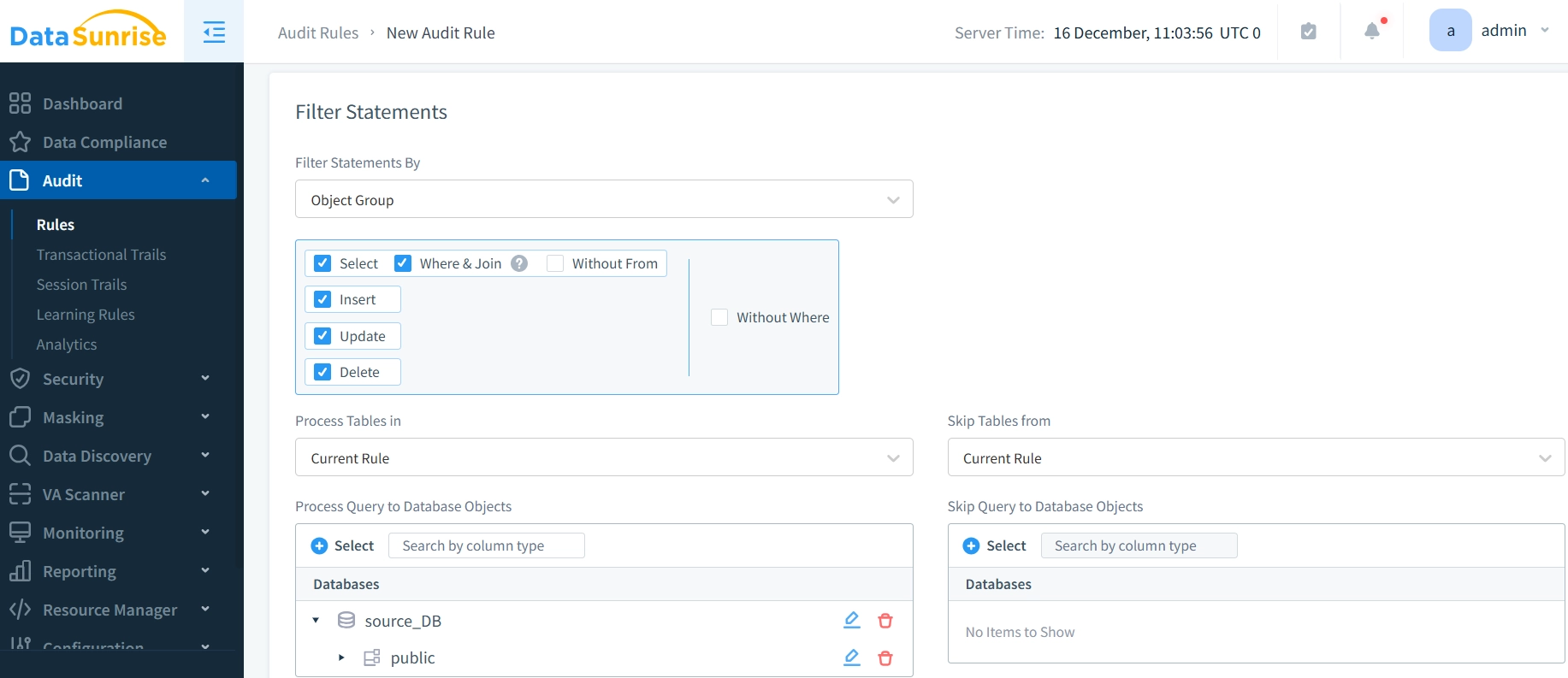 Interfaz de Configuración de Reglas de Auditoría de DataSunrise para CockroachDB