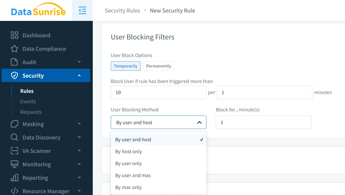 DataSunrise Security Rule Creation