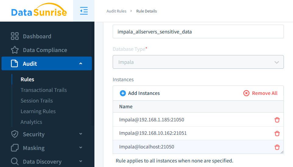 Création de règles d'audit pour Impala dans DataSunrise