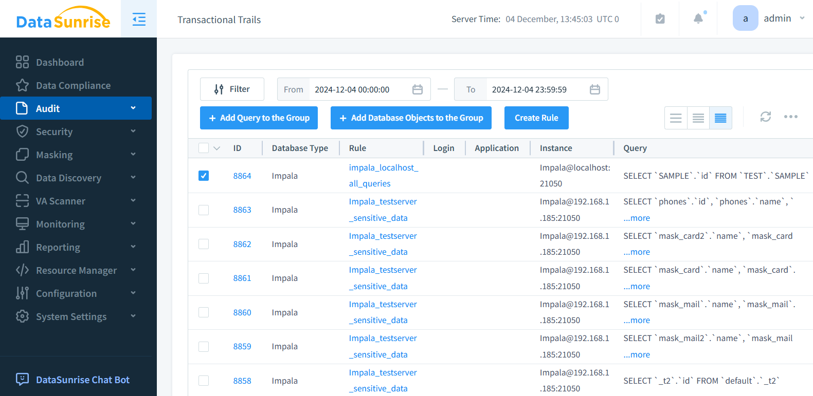 Visualisation des pistes transactionnelles pour Impala dans DataSunrise