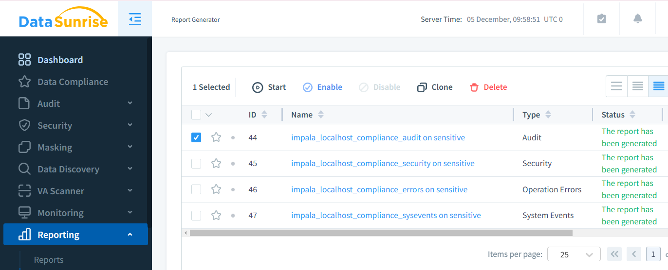 Génération de rapports pour Impala dans DataSunrise