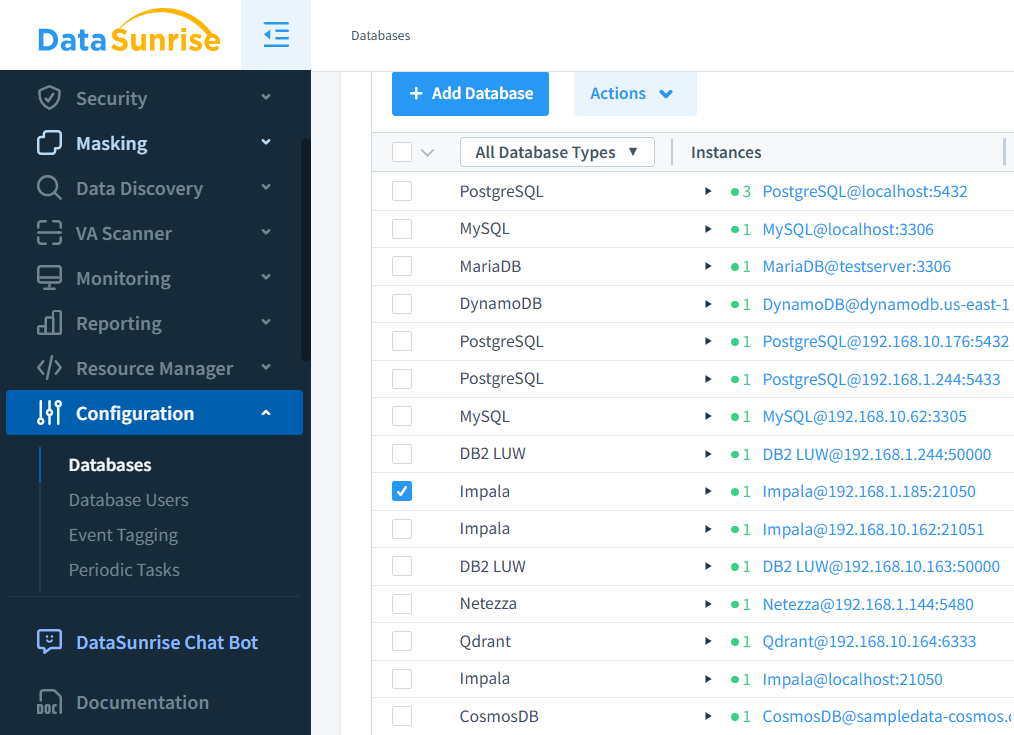 Multiples instances de base de données connectées dans DataSunrise