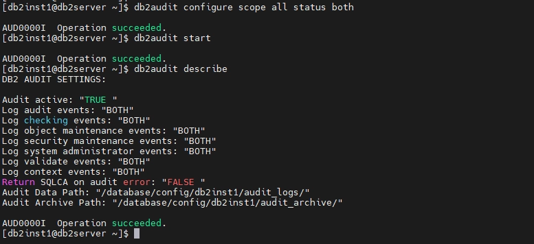 Exemple de Configuration de l'Utilitaire db2audit dans la Sortie de Commande