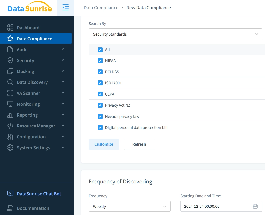 Plusieurs Normes de Sécurité Disponibles pour le Gestionnaire de Conformité des Données dans DataSunrise