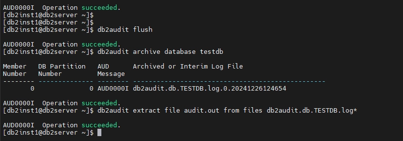 Résultat Réussi des Commandes db2audit pour l'Extraction des Journaux