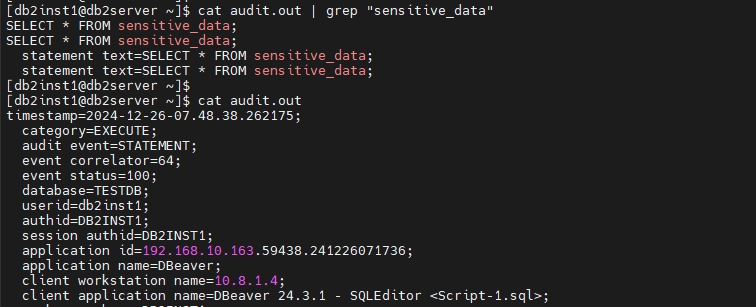 Exemple d'une Trace db2audit telle que Vue dans la Sortie du Journal