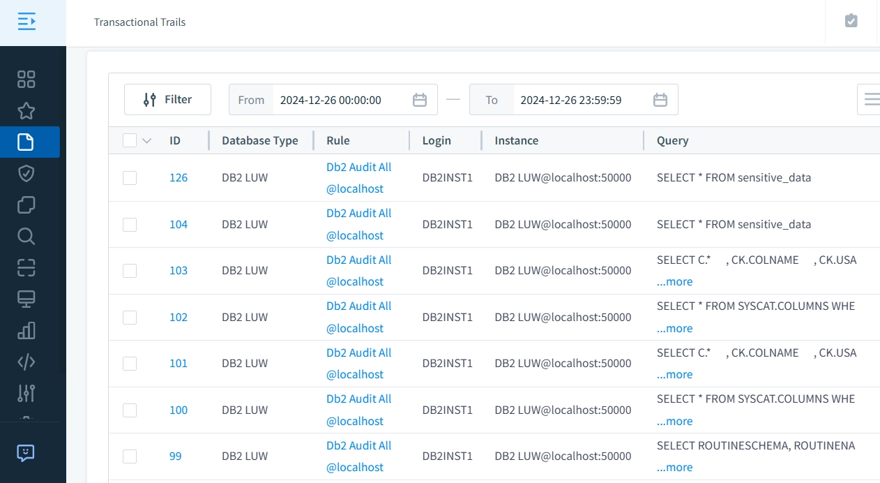 Traces Transactionnelles IBM Db2 Capturées dans DataSunrise