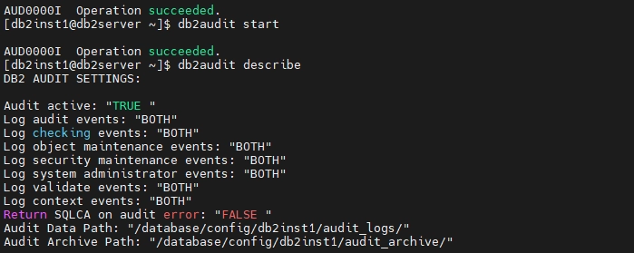 Exemple de configuration de l'outil db2audit affiché dans la sortie de la commande describe