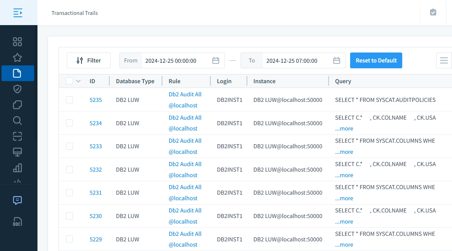 Pistes transactionnelles détaillées pour IBM Db2 dans DataSunrise