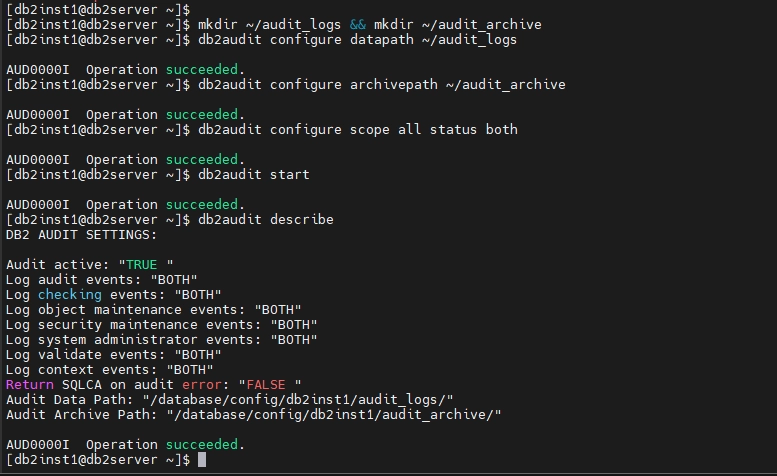 Exemple de configuration db2audit tel que montré dans les sorties de commande