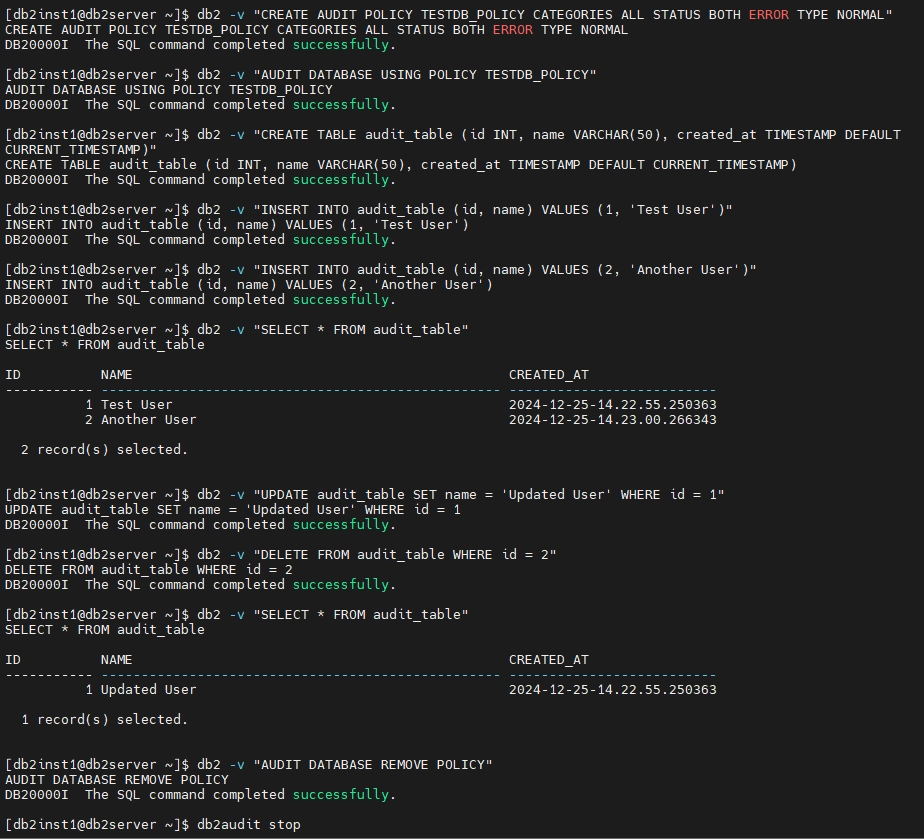 Résultat attendu : Commandes pour la configuration et les tests d'audit