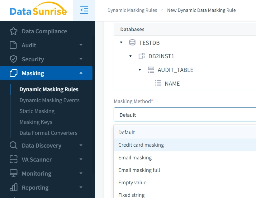 Création d'une règle de masquage dynamique pour les données IBM Db2 dans DataSunrise