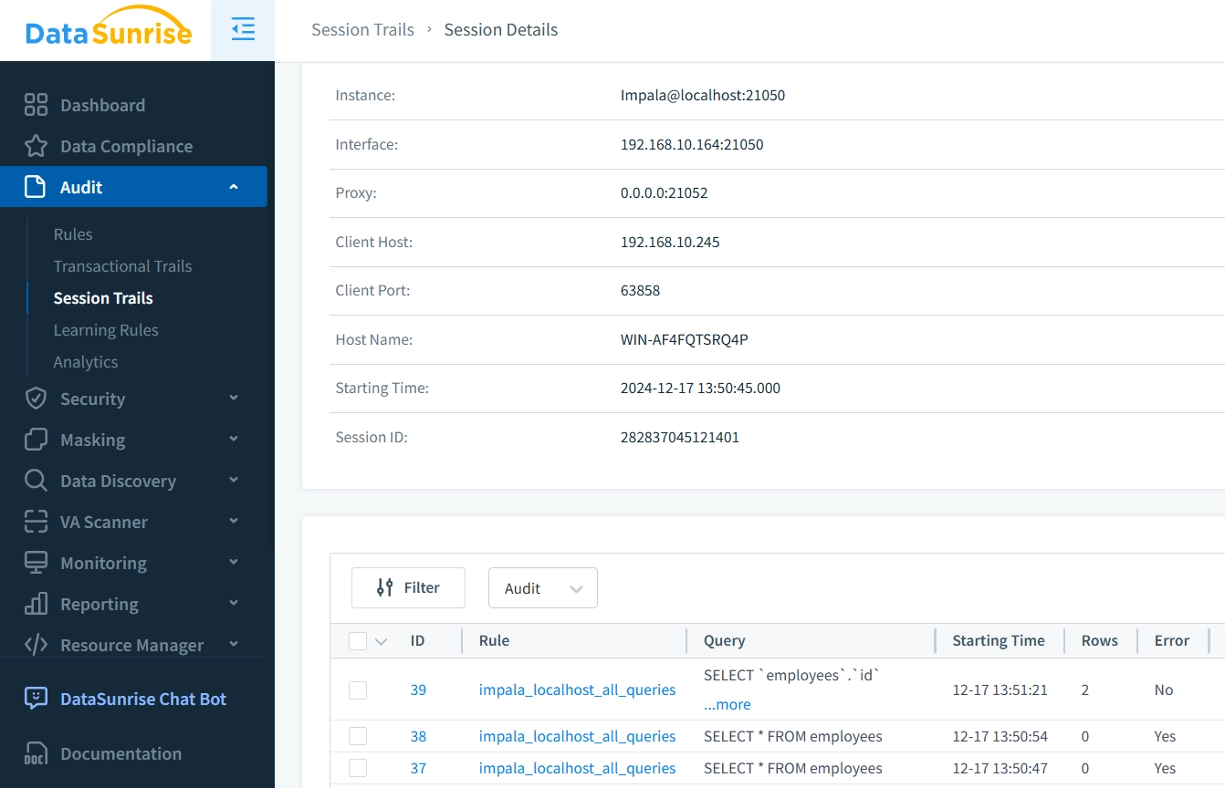 Trail de Sesión con Detalles e Información de Consultas Ejecutadas en DataSunrise