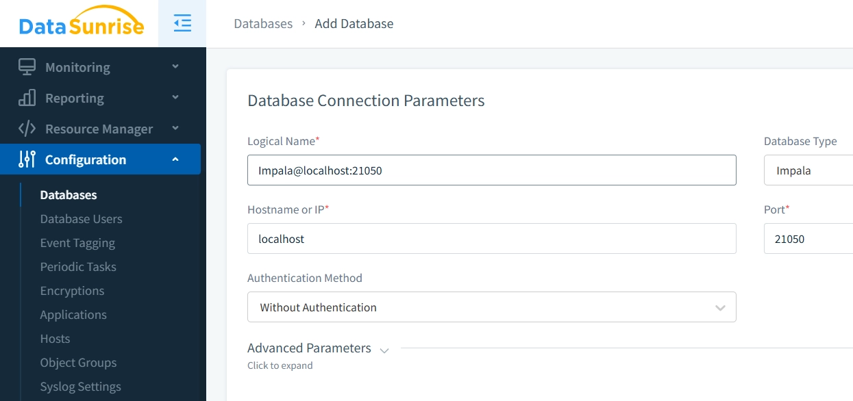 Conectando la Instancia de Impala en DataSunrise