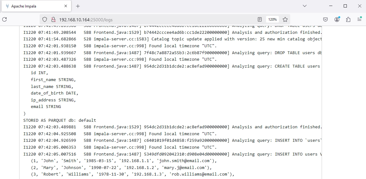 Consultas Ejecutadas de Impala Vistas en los Registros del Sistema WebUI