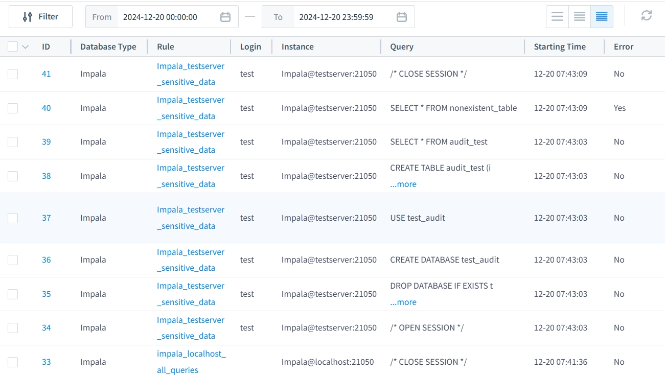 Rutas de Auditoría Capturadas de la Ejecución de Consultas del Script de Python en DataSunrise