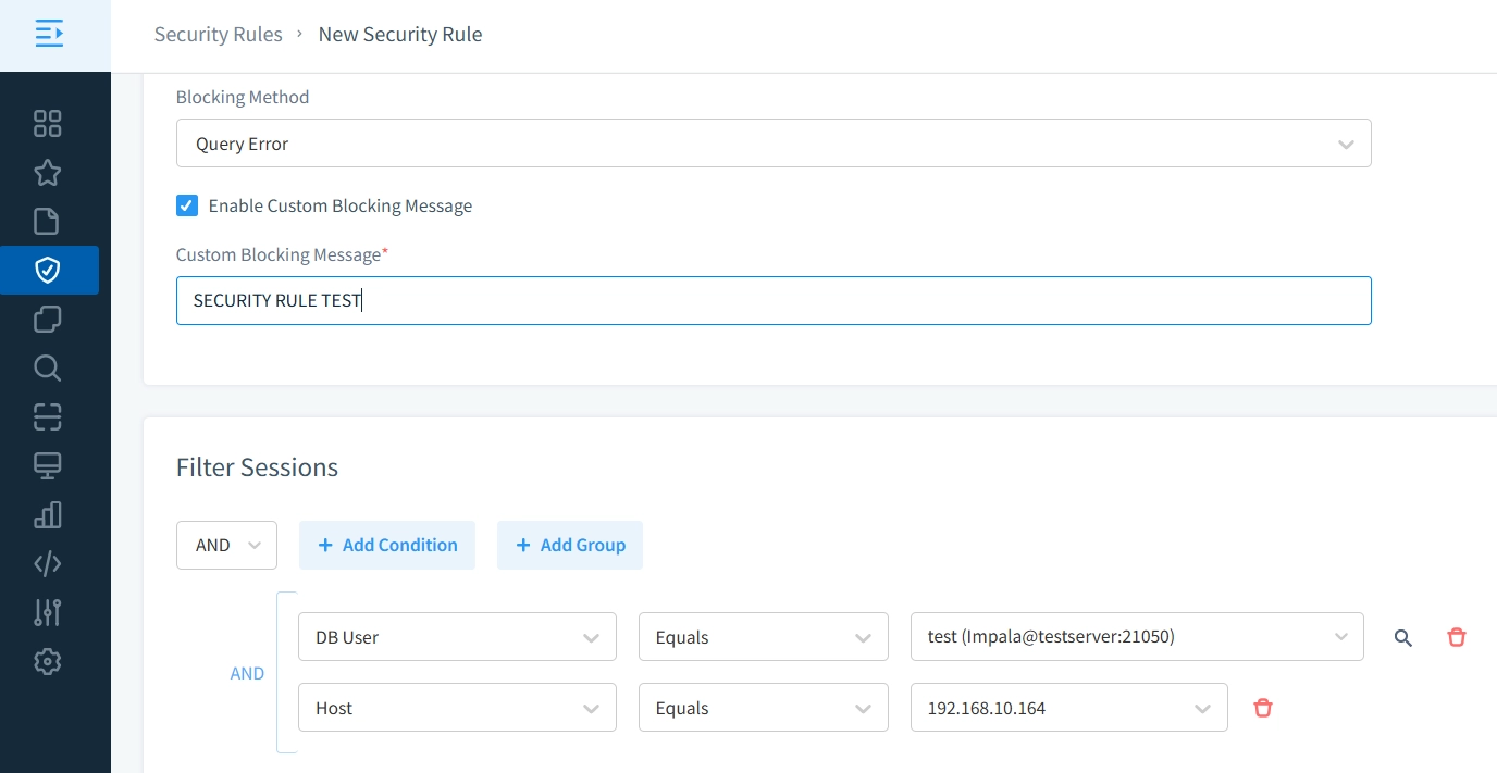 Procediendo a la Creación de una Nueva Regla de Seguridad con Parámetros Específicos en DataSunrise