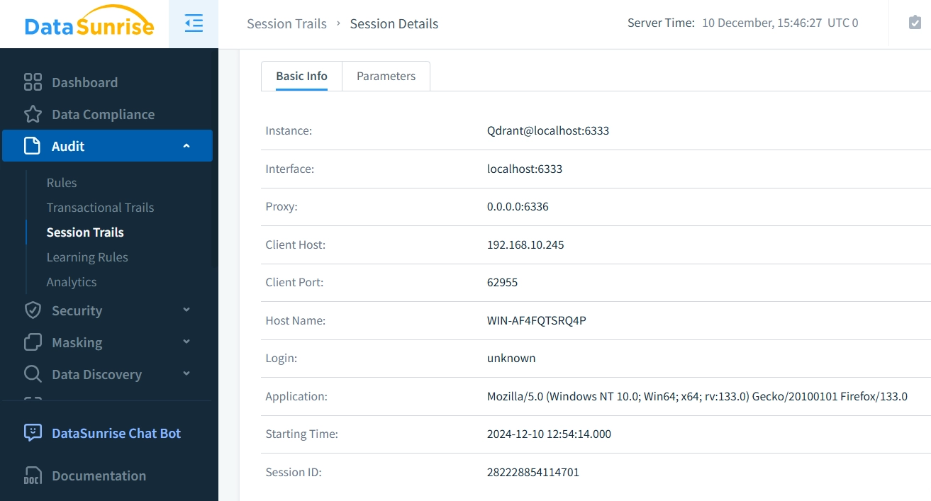 Session Details for Qdrant in DataSunrise