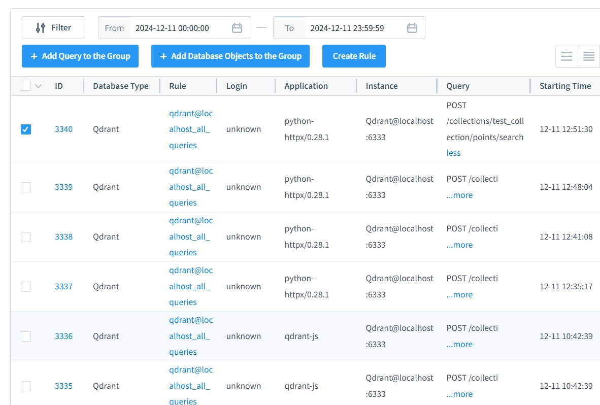 Captured Qdrant Audit Trails in DataSunrise