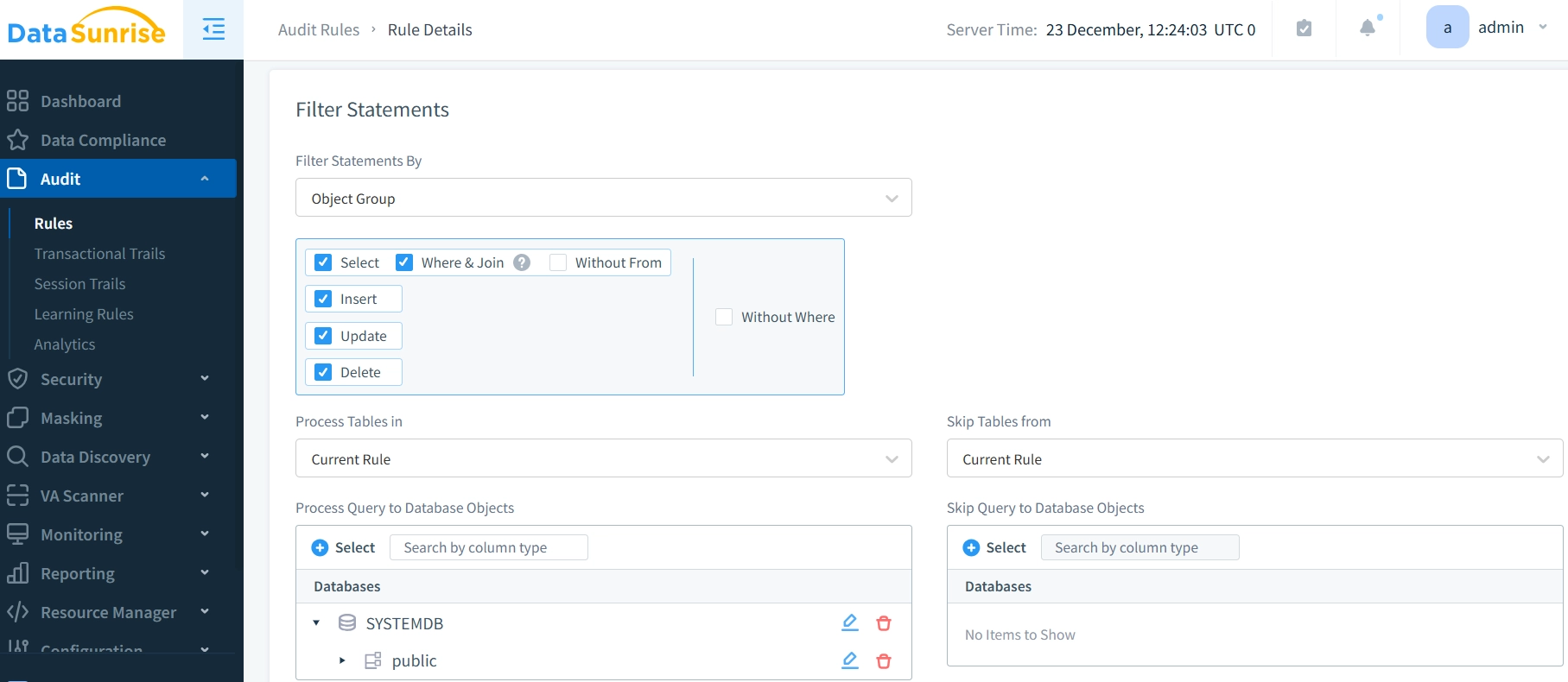 Interfaz de creación de reglas de auditoría de SAP HANA en DataSunrise