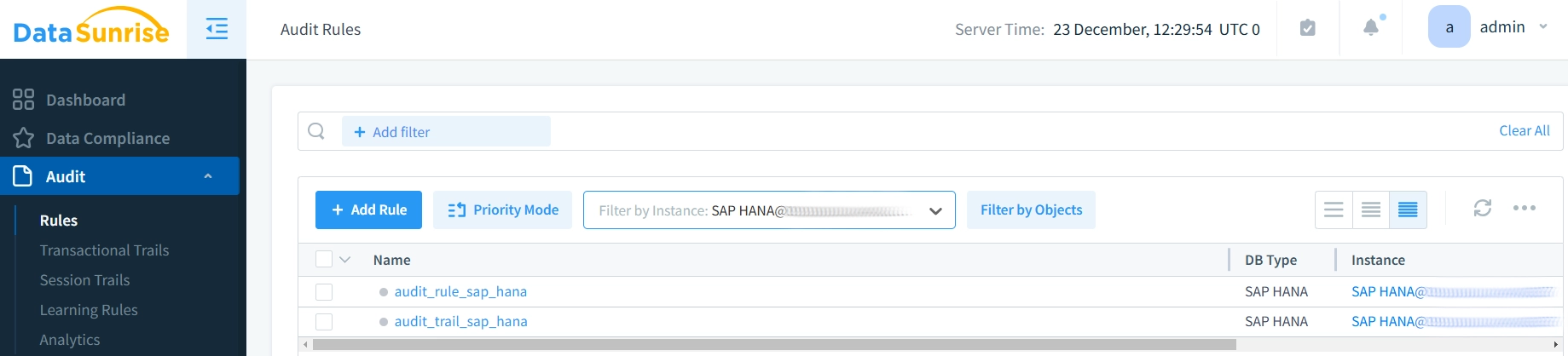 Écran de Configuration des Règles d'Audit SAP HANA