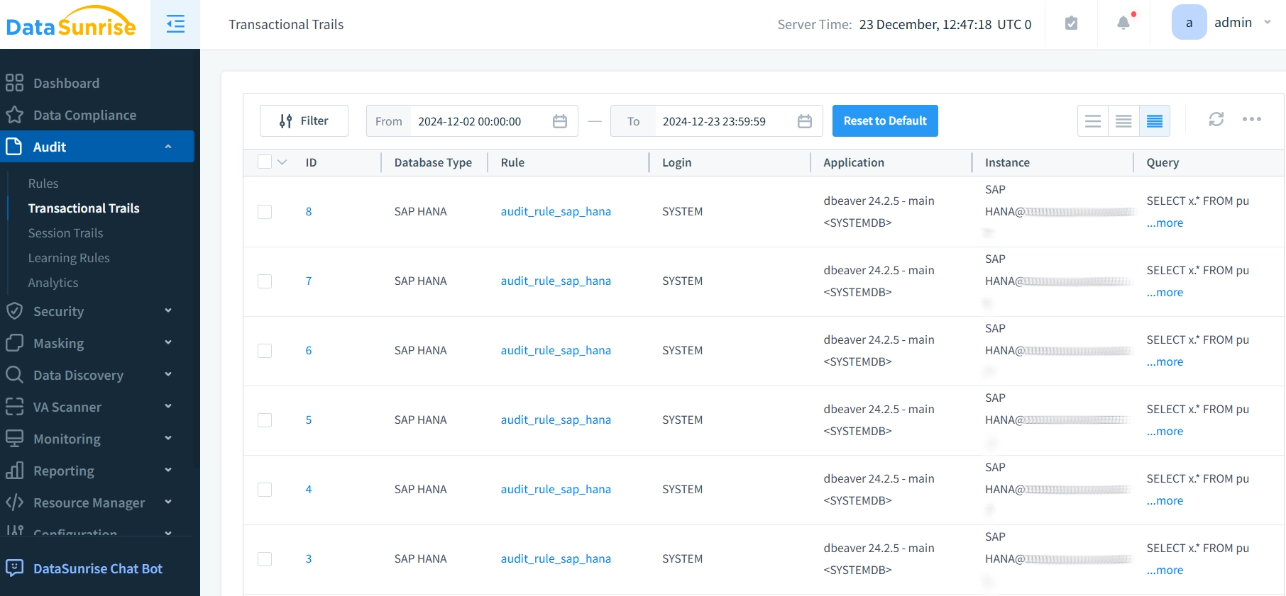 Interface de Surveillance des Journaux d'Audit SAP HANA