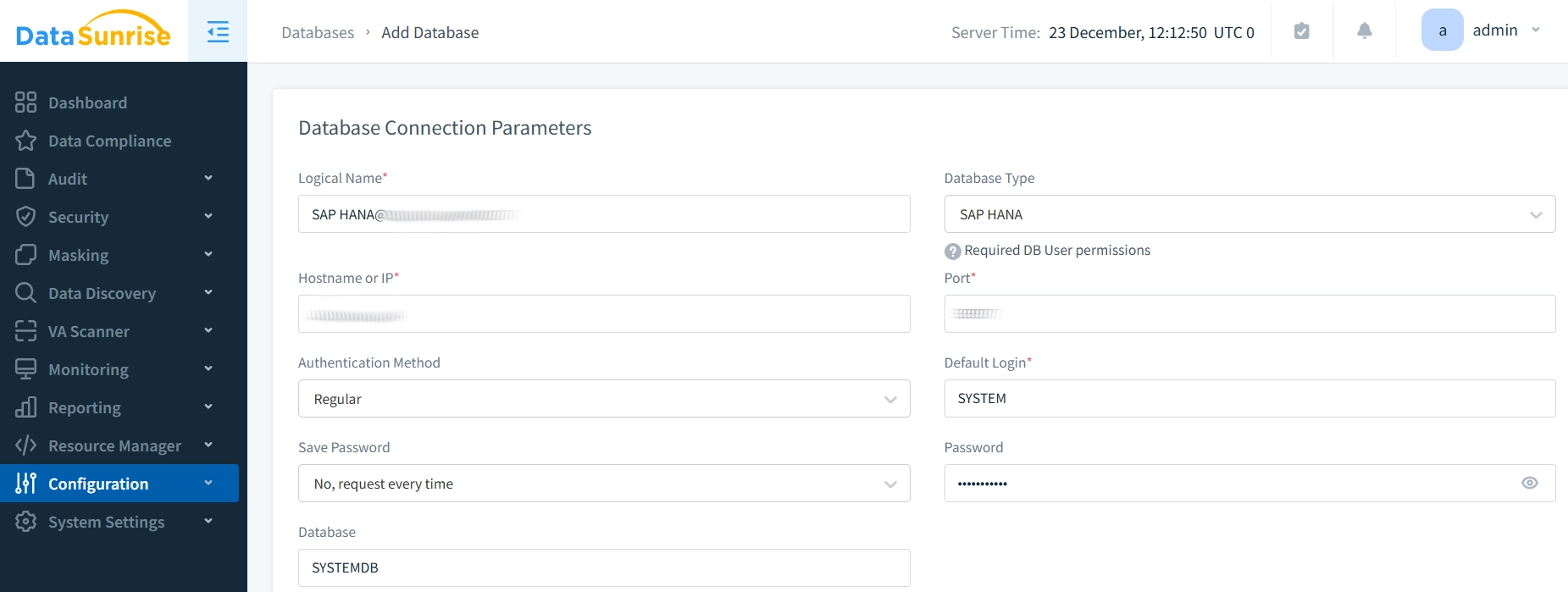 Interfaz de configuración de la instancia de DataSunrise SAP HANA