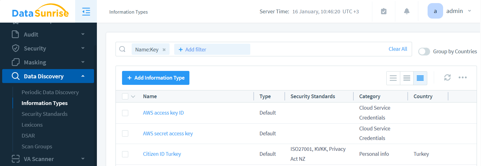 Pre-defined Information Type for AWS Keys in DataSunrise