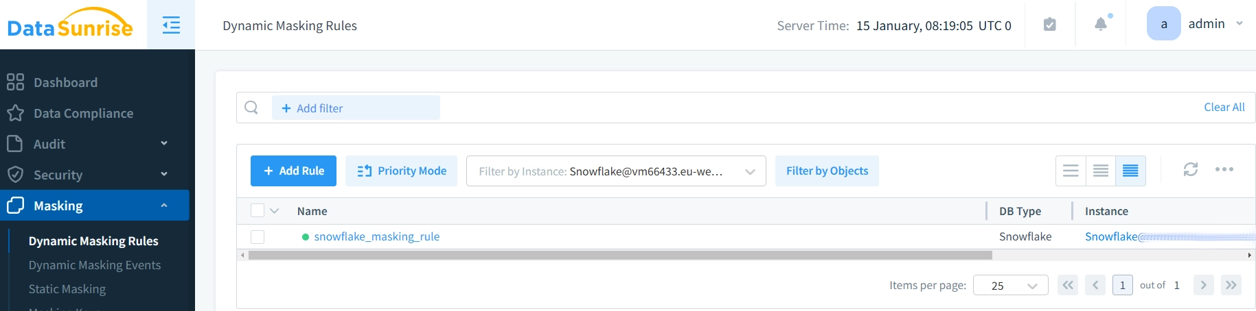 DataSunrise Data Masking Rules Management Interface