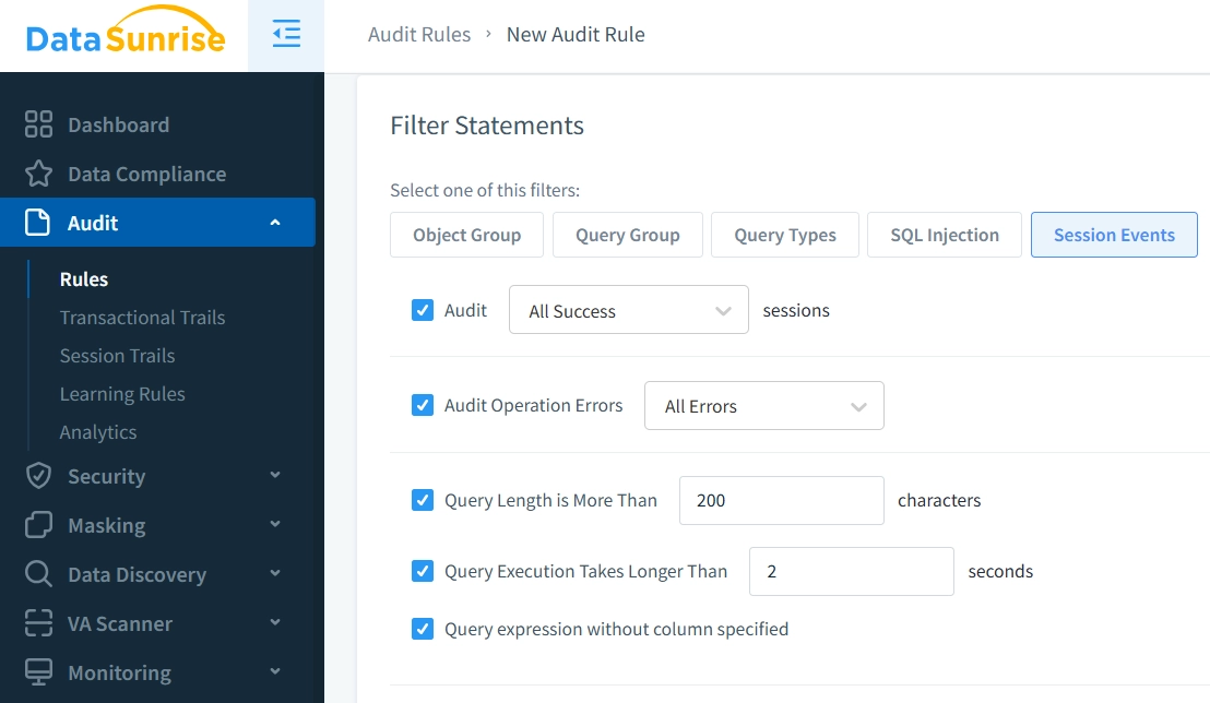 Erstellung neuer Auditregeln in DataSunrise für Informix