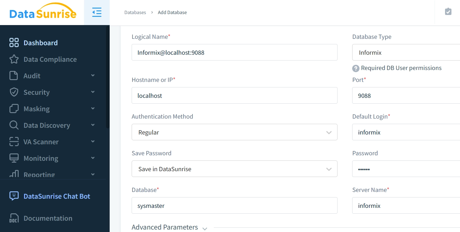 Informix-Instanzverbindung in DataSunrise