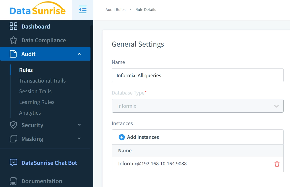 Erstellung einer Informix-Audit-Regel in DataSunrise