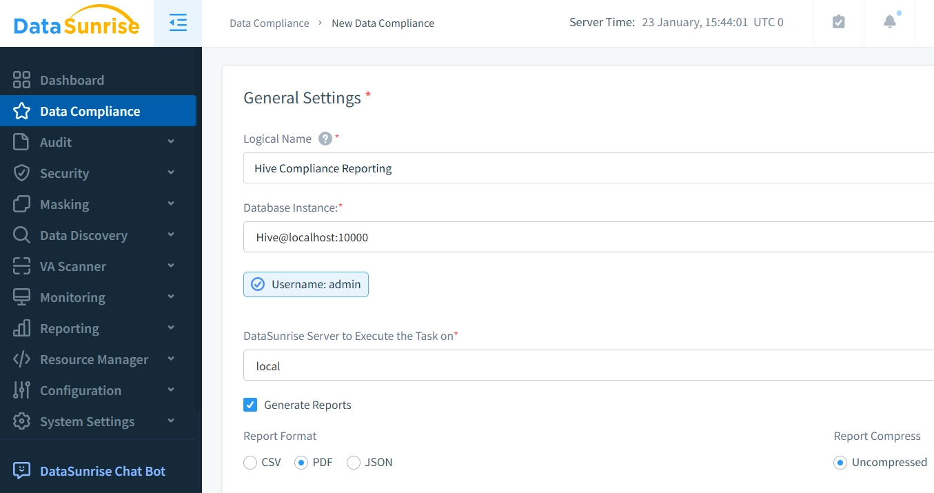 Einrichtung der automatisierten Compliance-Berichterstattung für Hive in DataSunrise