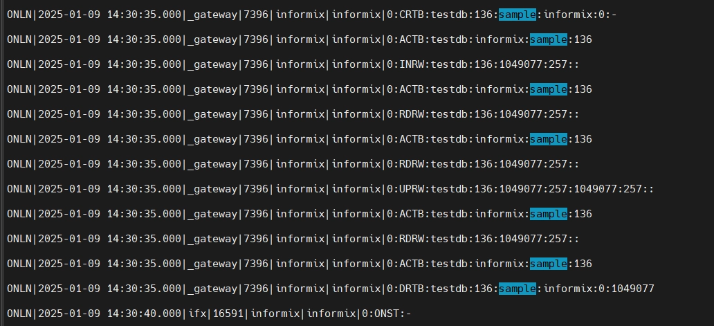 Onshowaudit Beispielausgabe des Informix Audit Trail