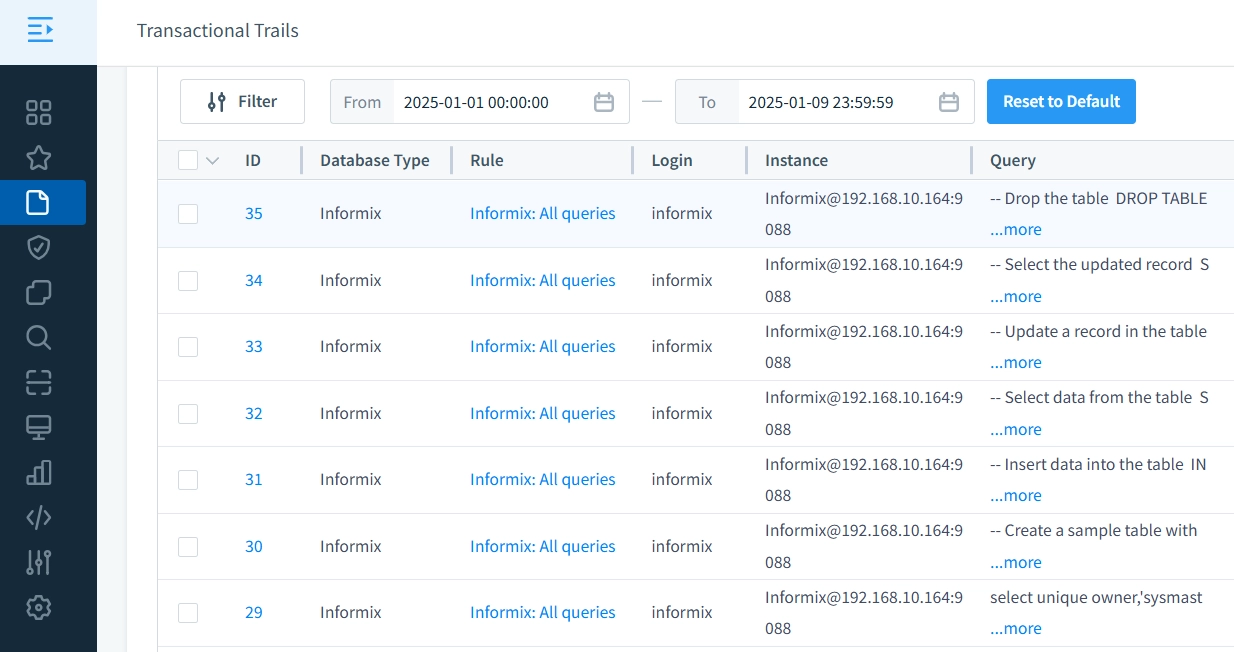 Informix Audit Trails, die in DataSunrise erfasst wurden