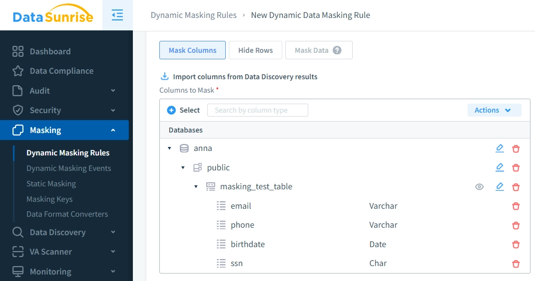 Erstellung von Maskierungsregeln in DataSunrise für Informix