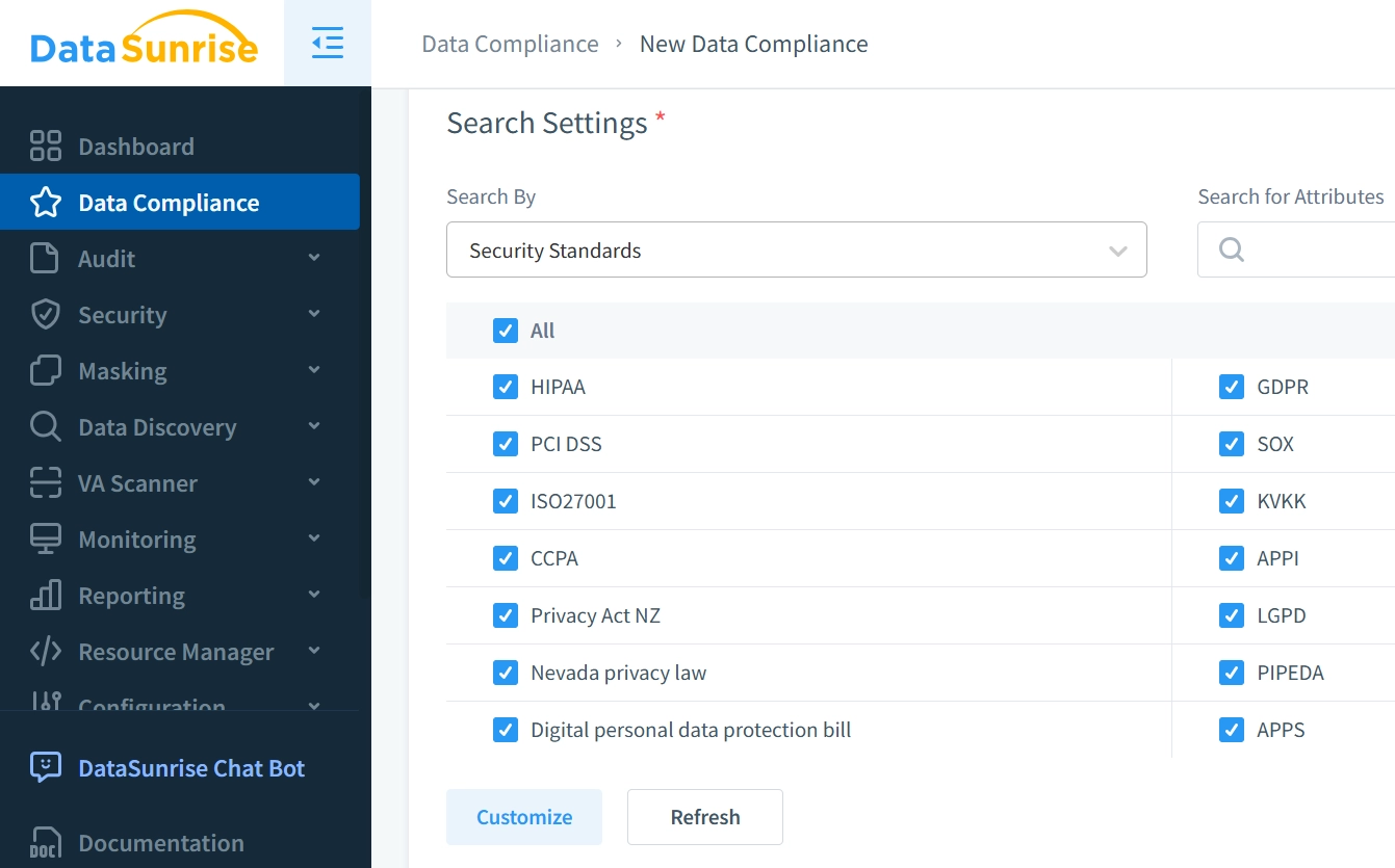 Mehrere unterstützte Sicherheitsstandards in DataSunrise für Informix