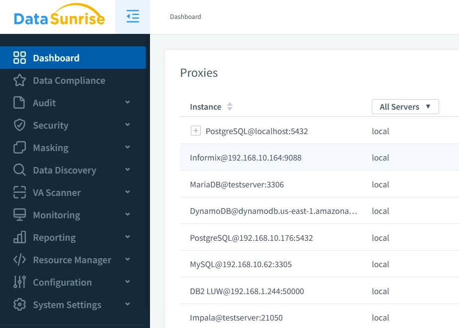 Mehrere verschiedene Datenbankinstanzen verbunden in DataSunrise für die Informix-Datenaktivitätshistorie