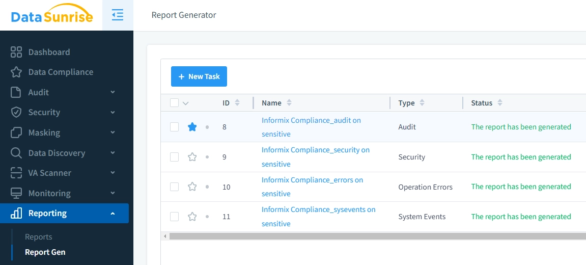 Compliance-Berichterstellung für Informix in DataSunrise