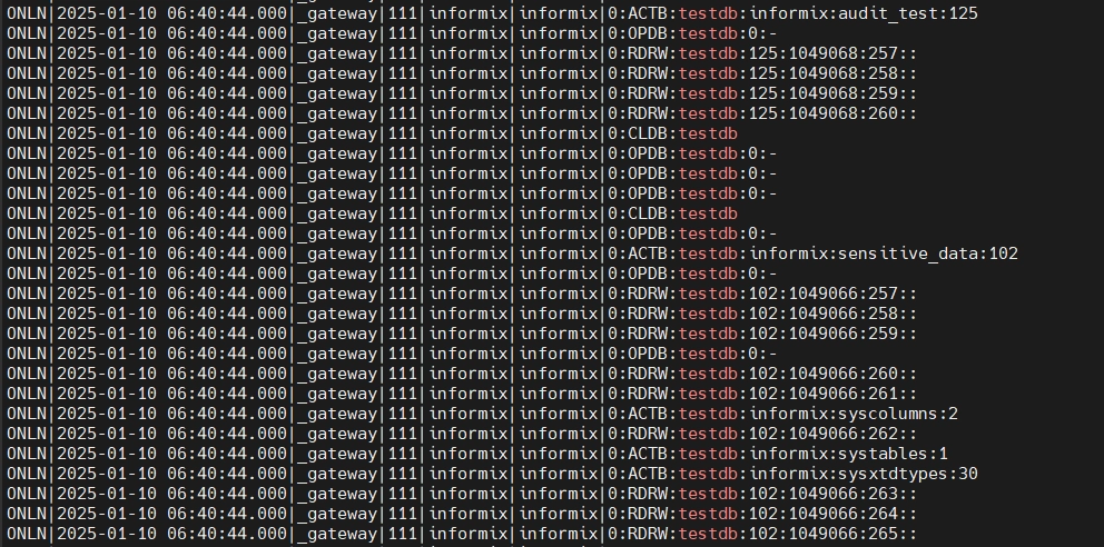 Beispielausgabe des Onaudit-Dienstprogramms im Terminal für Informix