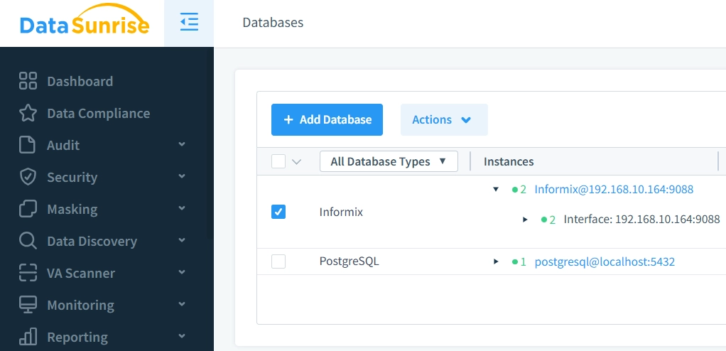 Informix-Datenbankinstanz in DataSunrise verbunden